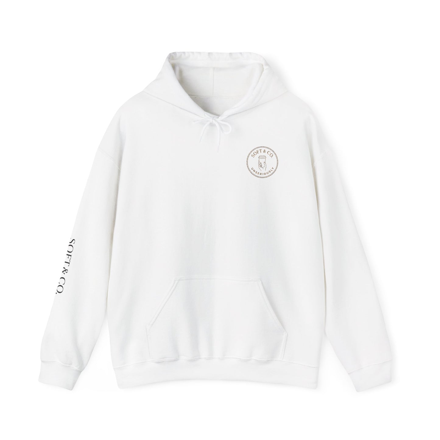 Cheetah Logo - Soft & Co. Hoodie — Cozy White Pullover with Gold Text