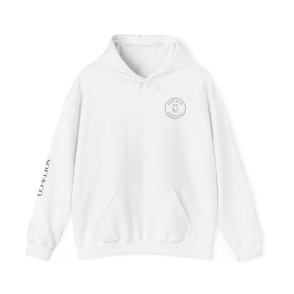 Cheetah Logo - Soft & Co. Hoodie — Cozy White Pullover with Gold Text