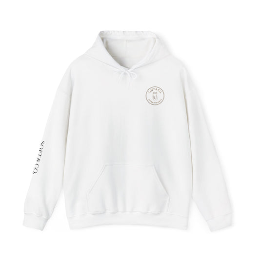 Cheetah Logo - Soft & Co. Hoodie — Cozy White Pullover with Gold Text