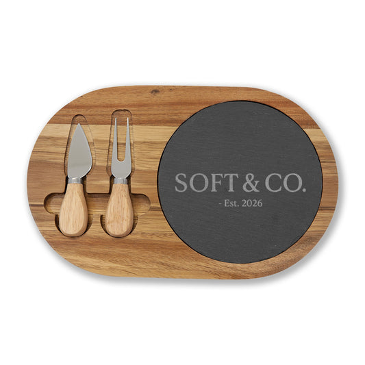 Engraved Acacia Charcuterie Board with Slate Insert & Cheese Tools