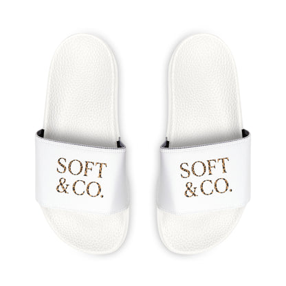 Cheetah Logo - Youth Slide Sandals — Soft & Co. White Removable-Strap Slides for Kids