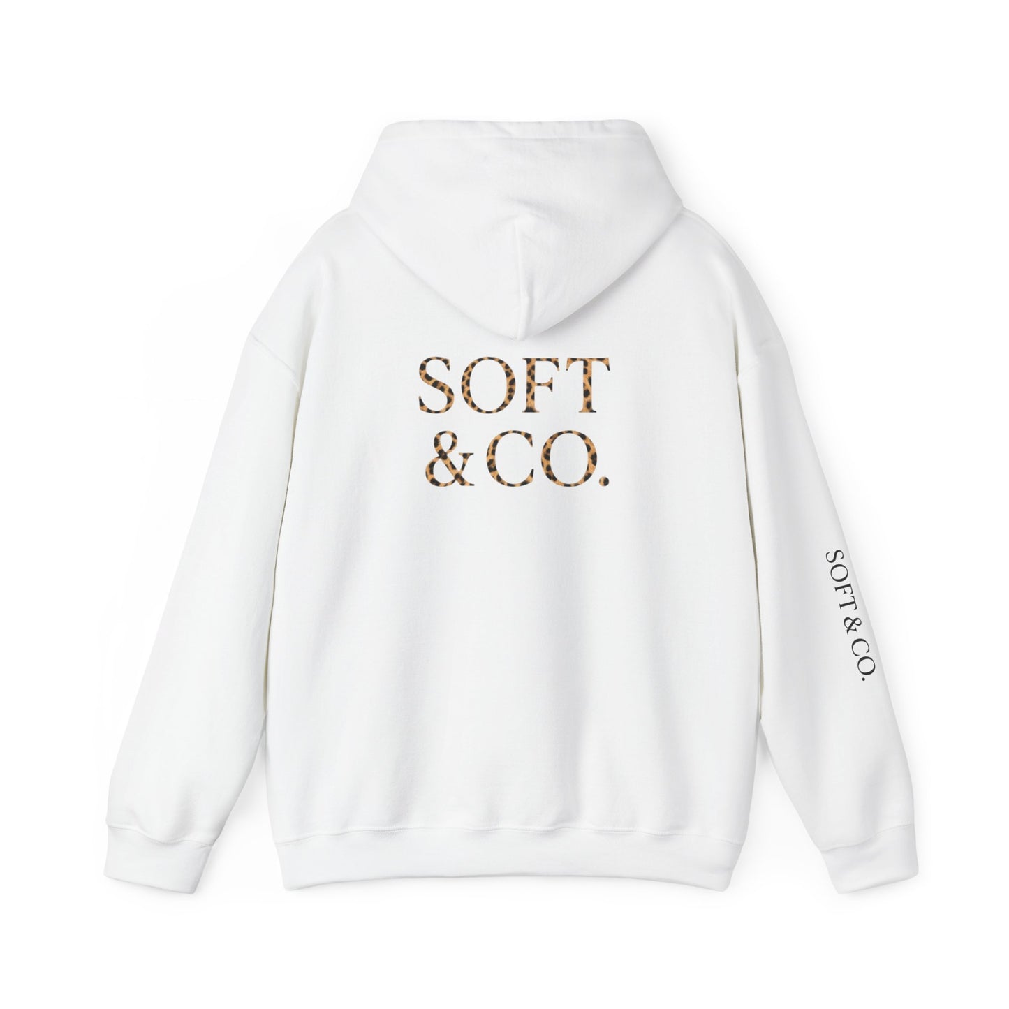 Cheetah Logo - Soft & Co. Hoodie — Cozy White Pullover with Gold Text