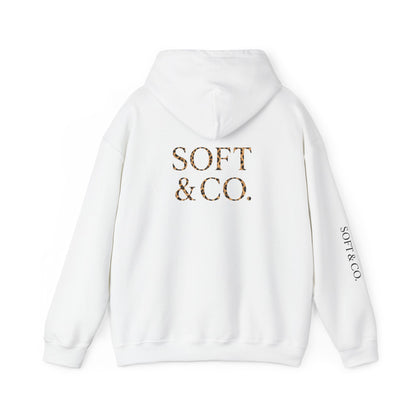 Cheetah Logo - Soft & Co. Hoodie — Cozy White Pullover with Gold Text