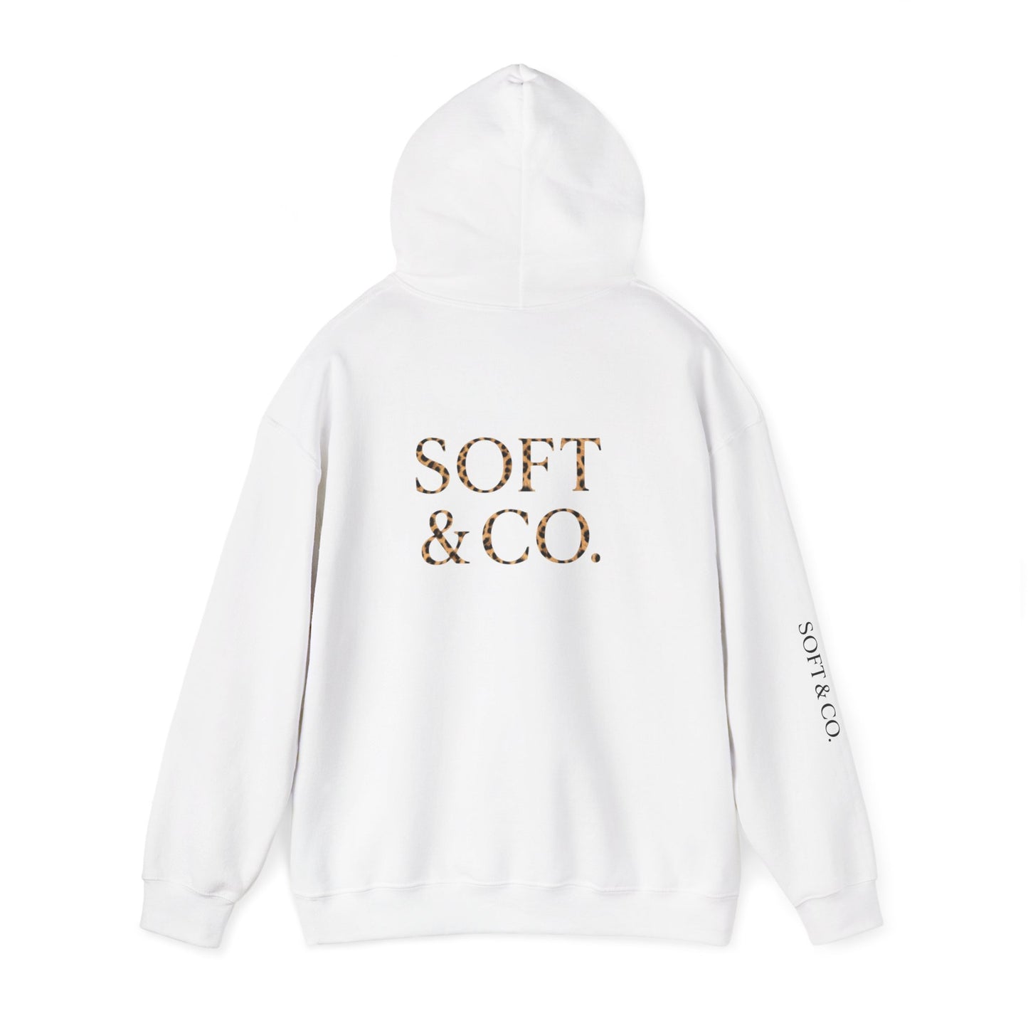 Cheetah Logo - Soft & Co. Hoodie — Cozy White Pullover with Gold Text