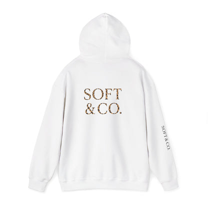 Cheetah Logo - Soft & Co. Hoodie — Cozy White Pullover with Gold Text
