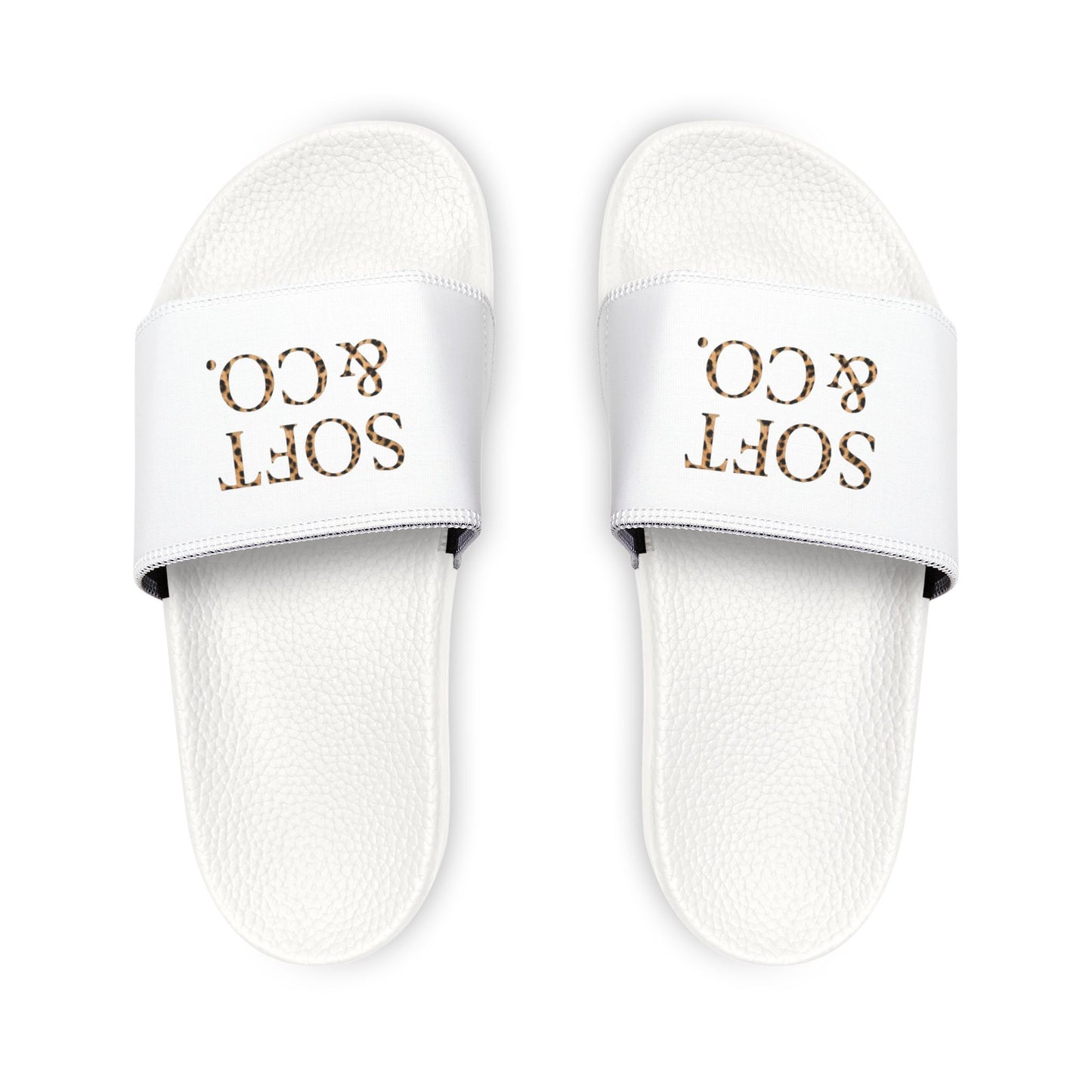 Cheetah Logo - Women's Slide Sandals — White 'SOFT & CO.' Removable-Strap Pool Slides