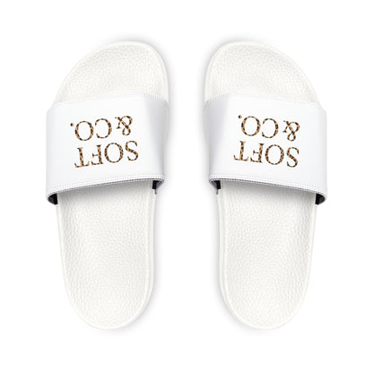 Cheetah Logo - Women's Slide Sandals — White 'SOFT & CO.' Removable-Strap Pool Slides
