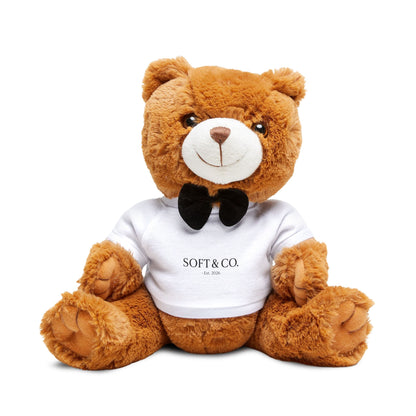 Soft & Co. Plush Teddy Bear with T-Shirt – Cute Bow Tie Gift Plush for Kids & Couples