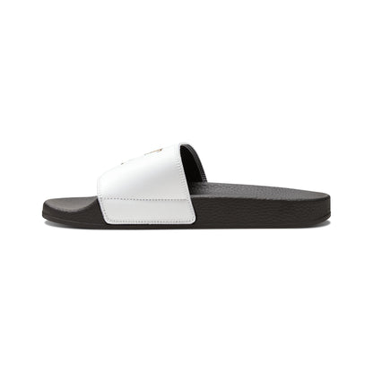Cheetah Logo - Women's Slide Sandals — White 'SOFT & CO.' Removable-Strap Pool Slides