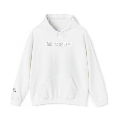 'Talk Nerdy to Me.' Light Embroidered Minimalist Hoodie — Subtle Text Chest & Sleeve