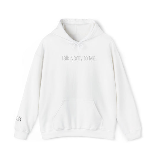 'Talk Nerdy to Me.' Light Embroidered Minimalist Hoodie — Subtle Text Chest & Sleeve