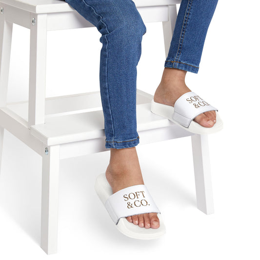 Cheetah Logo - Youth Slide Sandals — Soft & Co. White Removable-Strap Slides for Kids