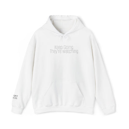 'Keep Going.' Light Embroidered Minimalist Hoodie — Subtle Text Chest & Sleeve