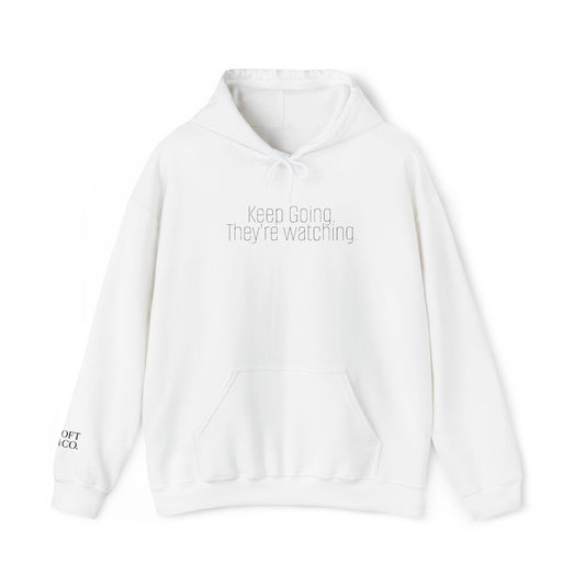 'Keep Going.' Light Embroidered Minimalist Hoodie — Subtle Text Chest & Sleeve