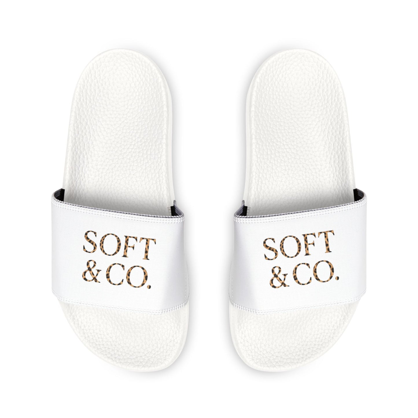 Cheetah Logo - Women's Slide Sandals — White 'SOFT & CO.' Removable-Strap Pool Slides