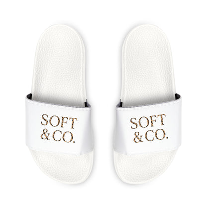 Cheetah Logo - Women's Slide Sandals — White 'SOFT & CO.' Removable-Strap Pool Slides